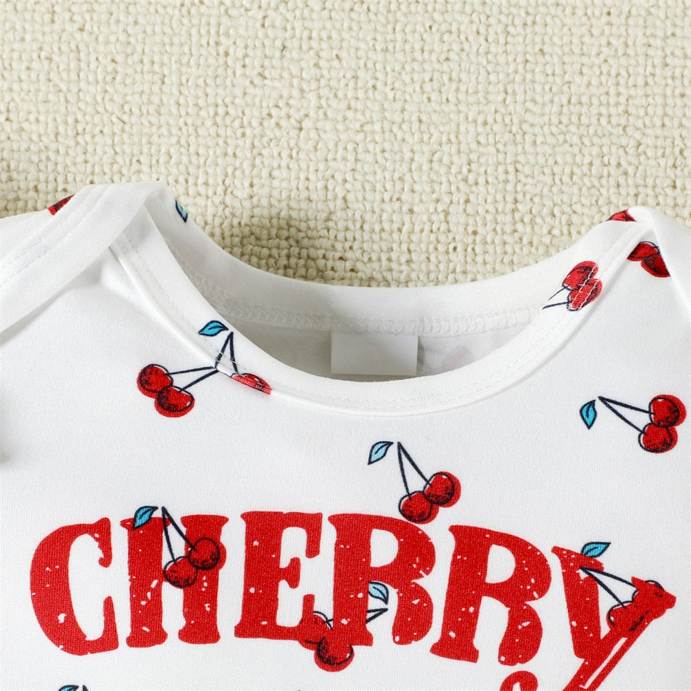 2PCS Summer Cute Cherry Printed Short Sleeve Baby Denim Set