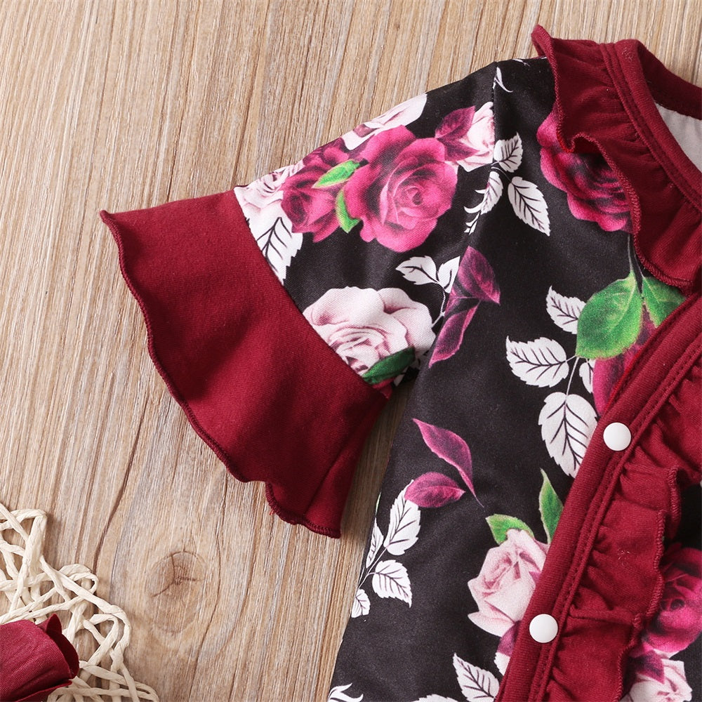 2PCS Casual Floral Print Frill Trim Short Sleeve Baby Jumpsuit