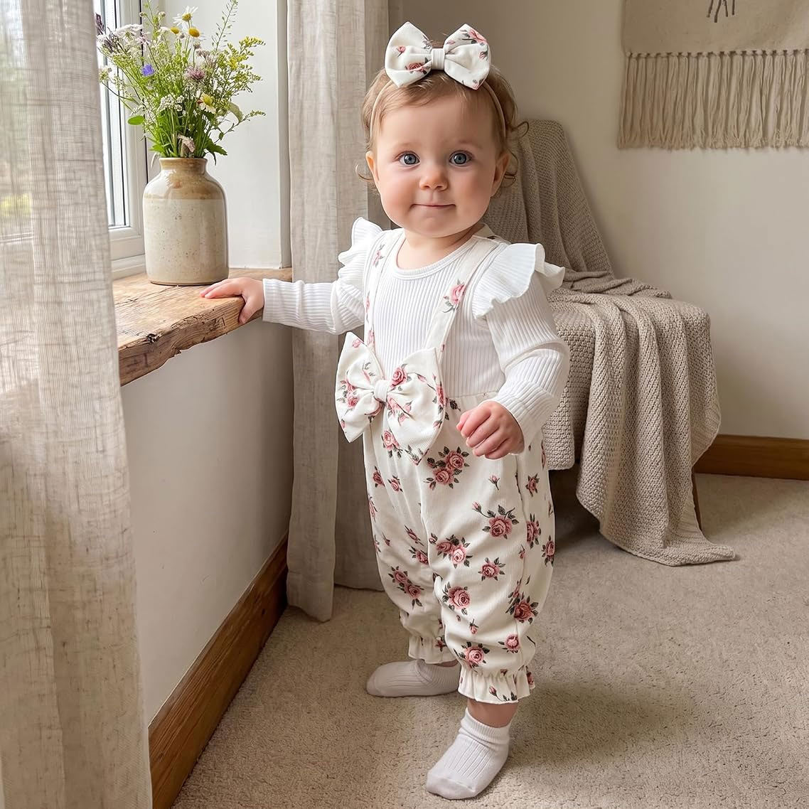 2PCS Exquisite Floral Print Ruffle Decor Long Sleeve Baby Jumpsuit