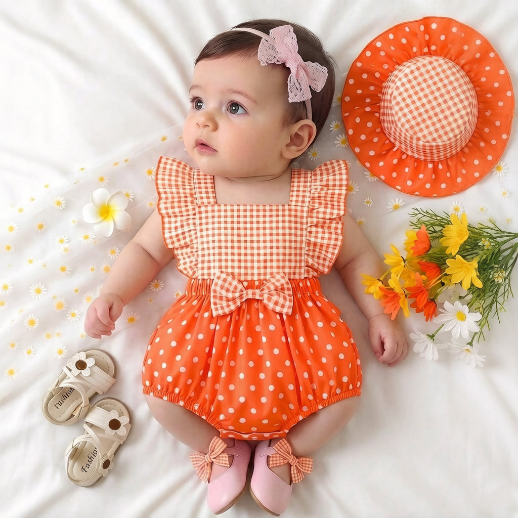 2PCS Polka Dots Plaid Printed Flutter Sleeve Baby Romper
