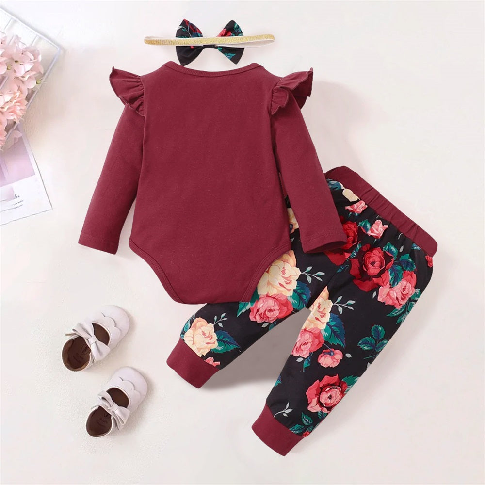 3PCS Mama's Bestie Letter Floral Print Long Sleeve Baby Set
