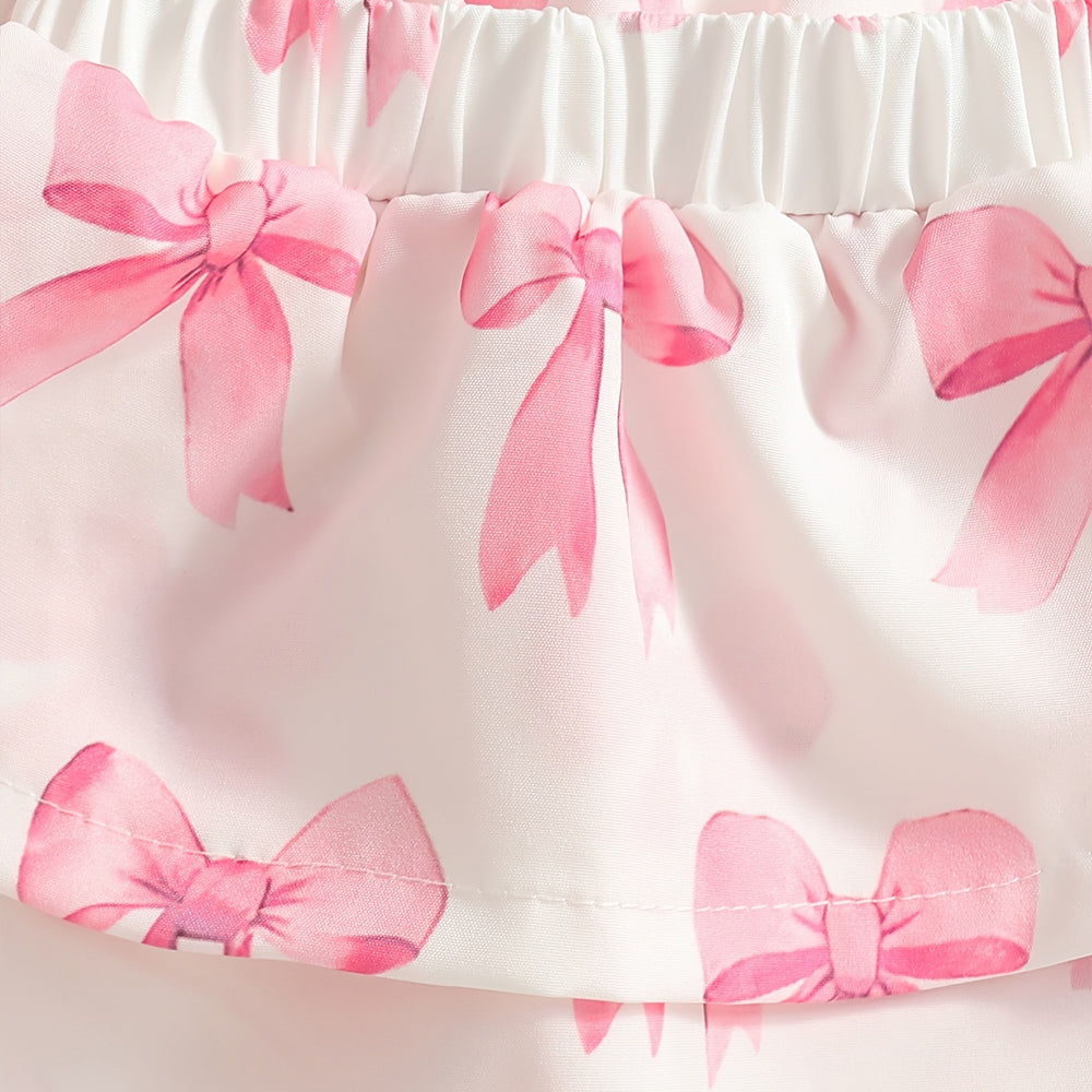 3PCS Sweet Bow Print Baby Pinafore Dress Set with Short Sleeve Top