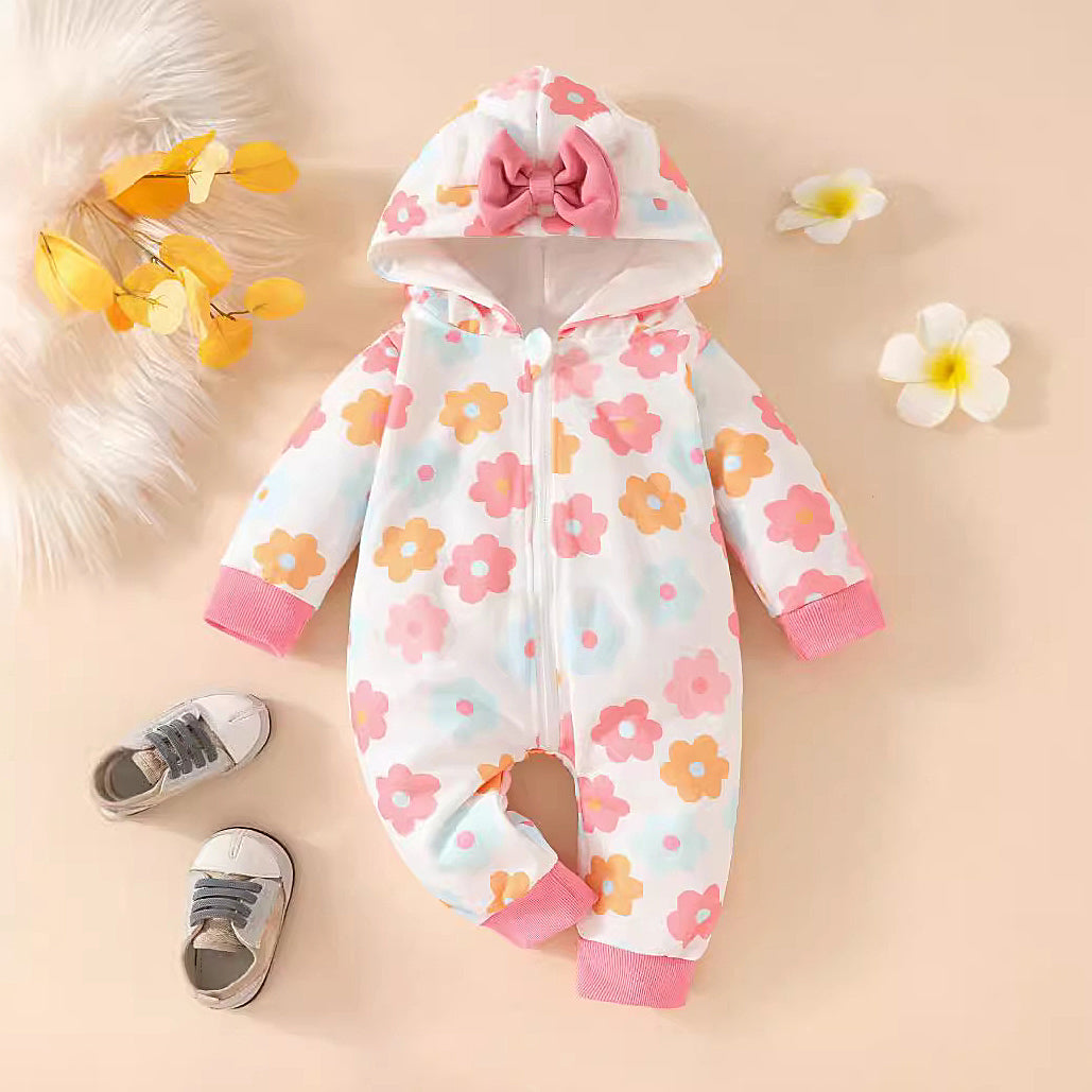 Lovely Floral Printed Long Sleeve Baby Hooded Jumpsuit