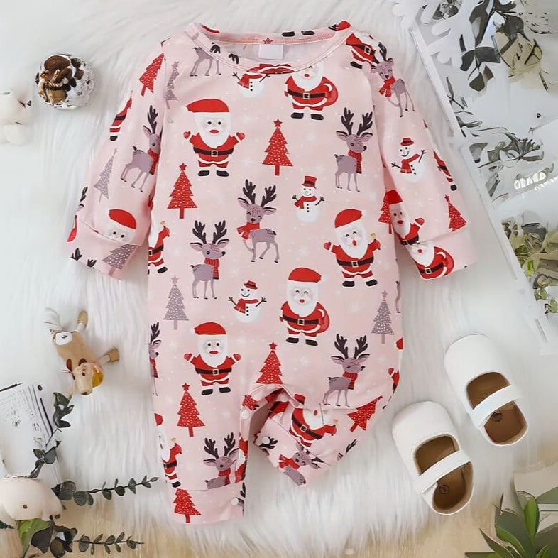 Santa Claus and Elk Print Long Sleeve Baby Jumpsuit