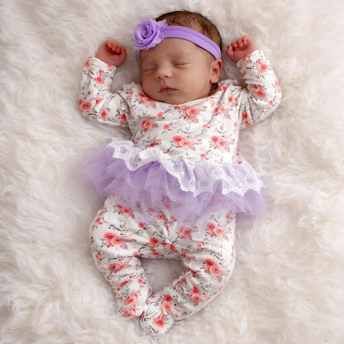 Grace Floral Printed Ruffle Lace Tulle Long Sleeve Baby Jumpsuit