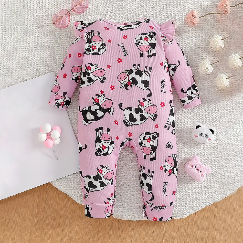 Casual Mooo Letter Cow Floral Printed Long Sleeve Baby Jumpsuit