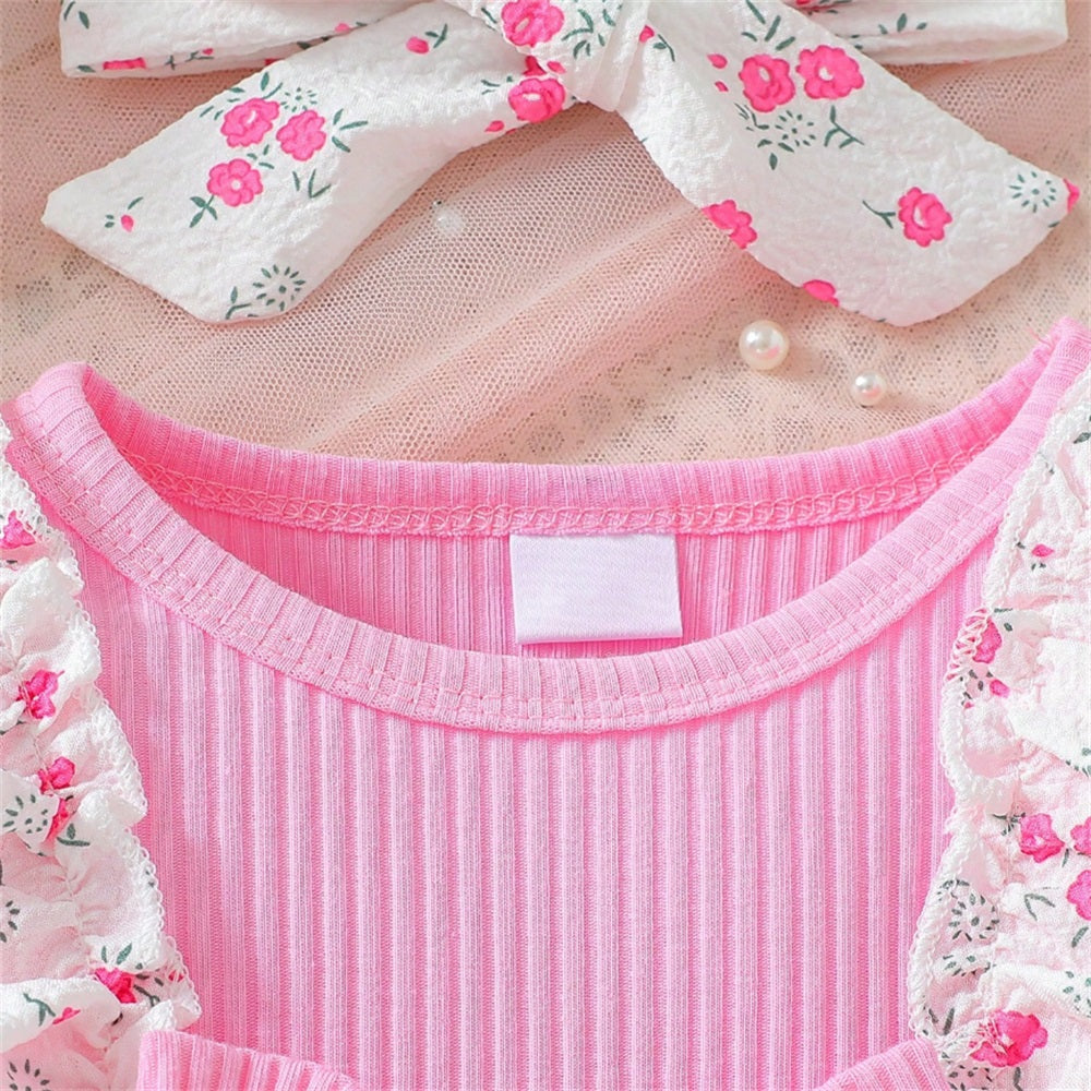 2PCS Sweet Floral Printed Bow Short Sleeve Baby Romper