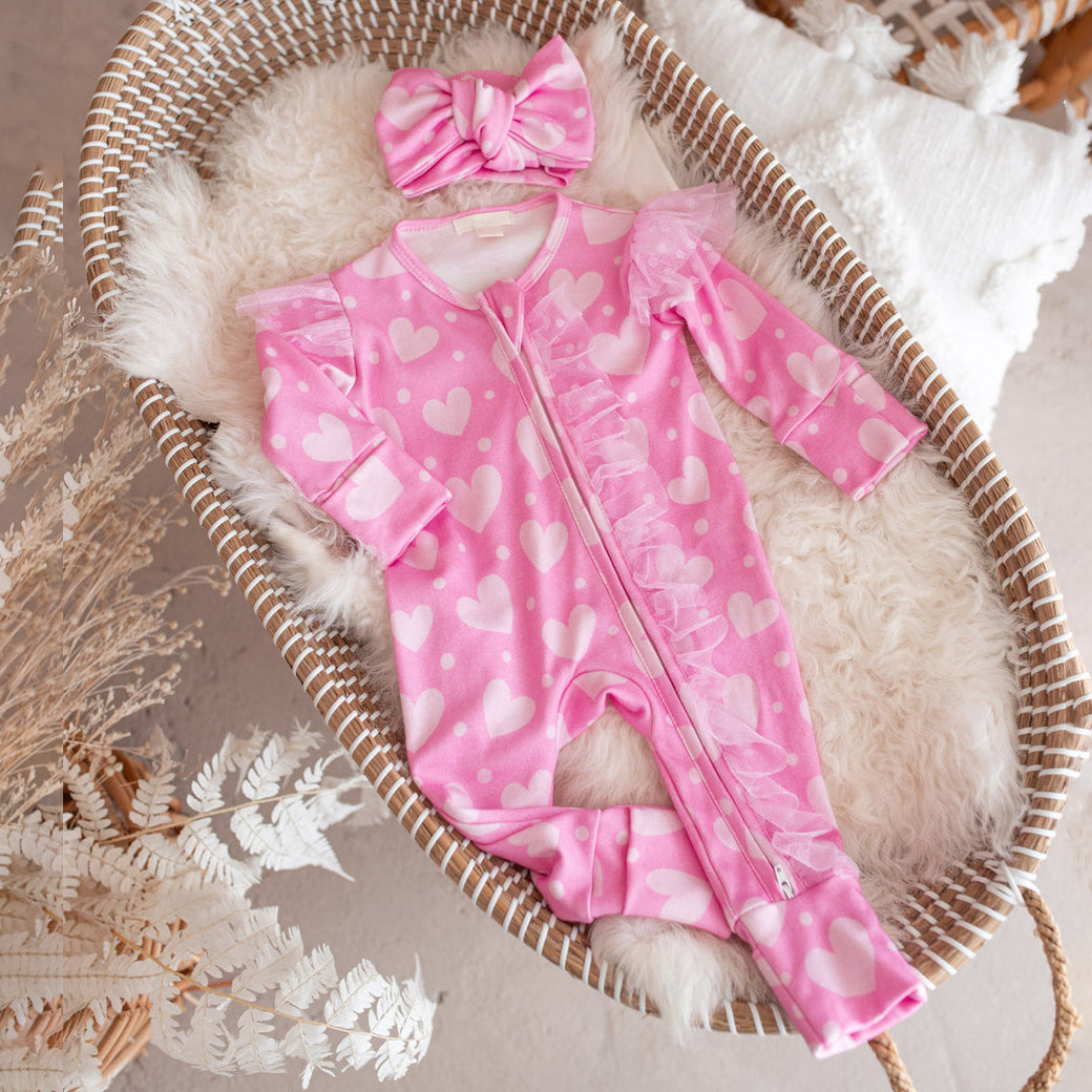 2PCS Gorgeous Heart Print Ruffle Zipper Baby Jumpsuit