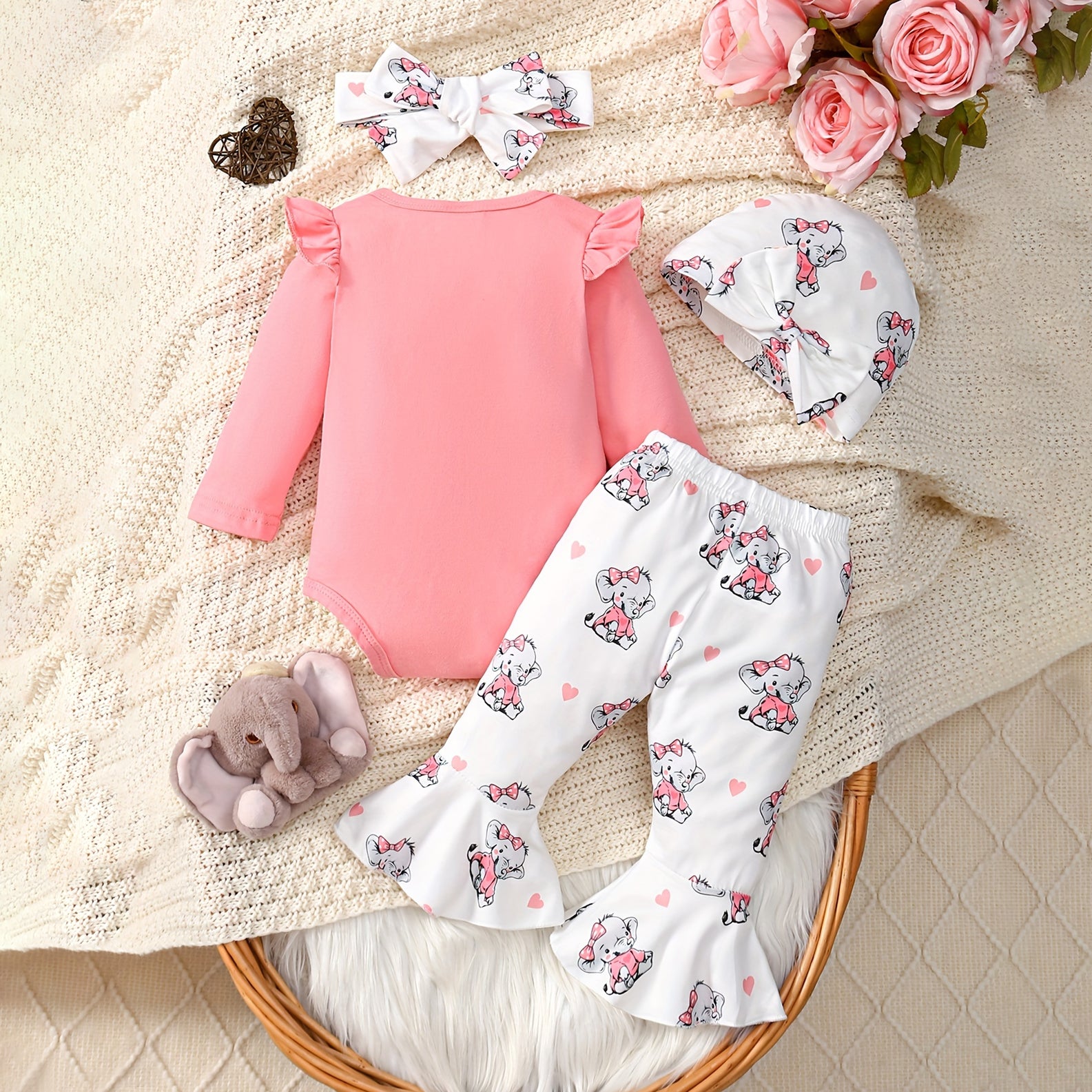 4PCS Hi I'm New Here Letter Elephant Printed Long Sleeve Baby Set