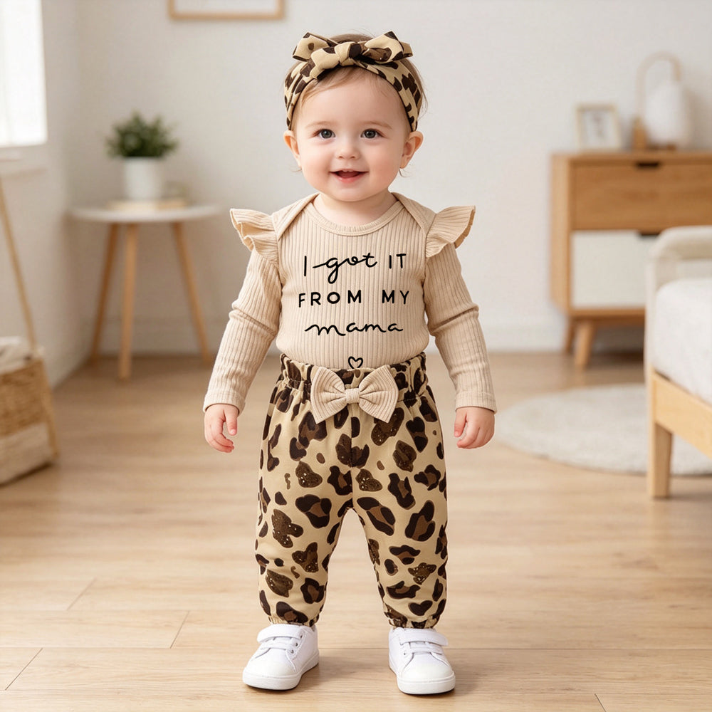 3PCS I Got It From My Mama Leopard Printed Baby Girl Set