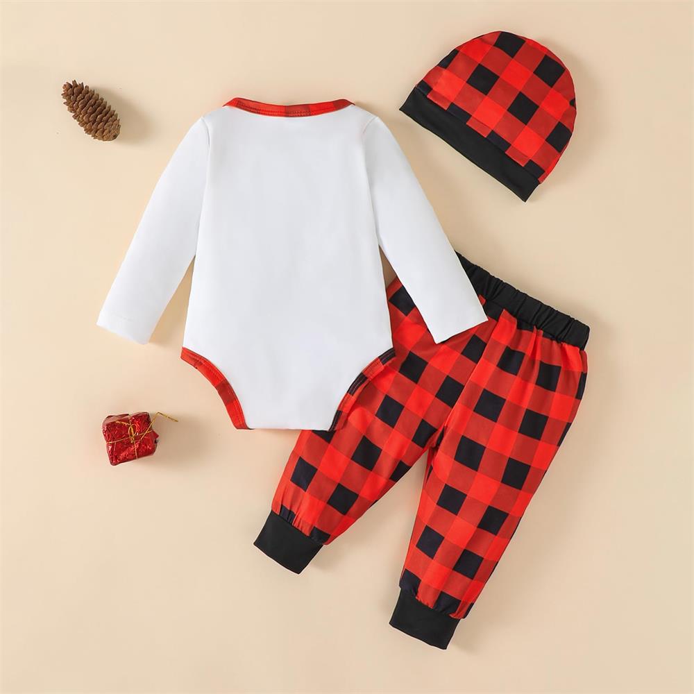 3PCS Merry Christmas Letter Print Plaid Long Sleeve Baby Set