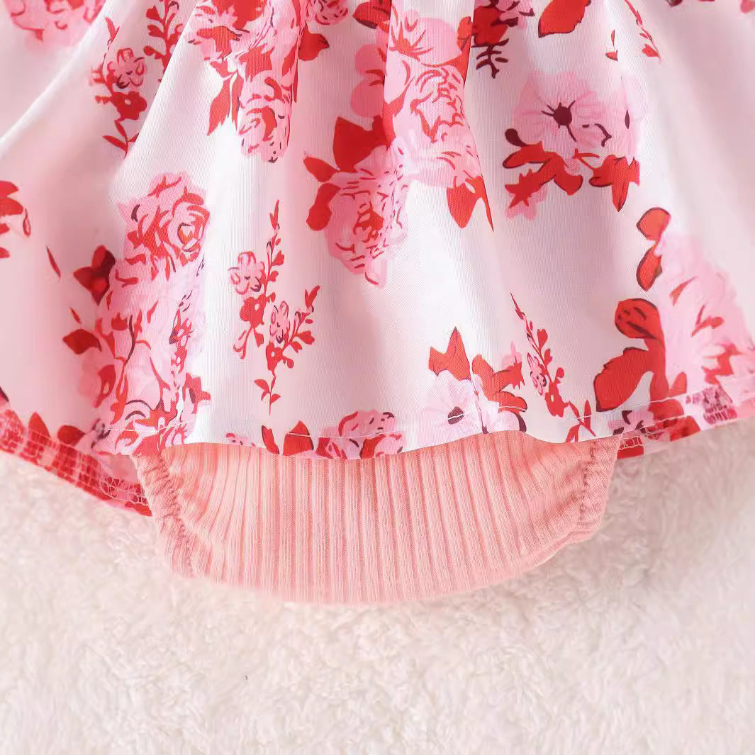 2PCS Sweet Lace Bow Floral Printed Long Sleeve Baby Romper