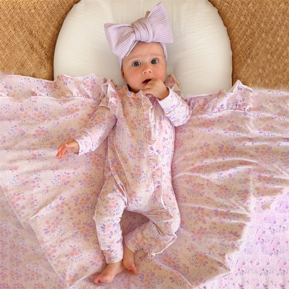 Elegant Allover Floral Print Ruffle Long Sleeve Baby Jumpsuit