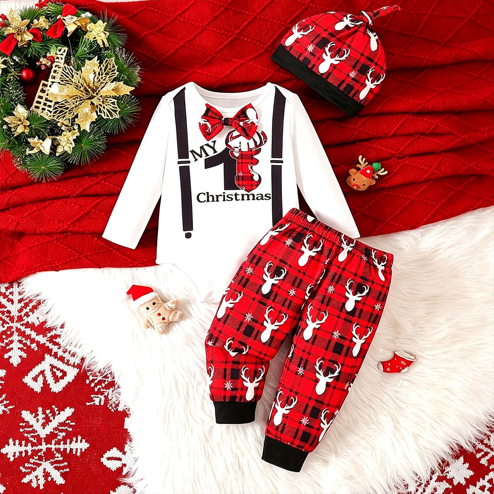 3PCS Stylish My 1st Christmas Letter Reindeer Plaid Print Baby Boy Set