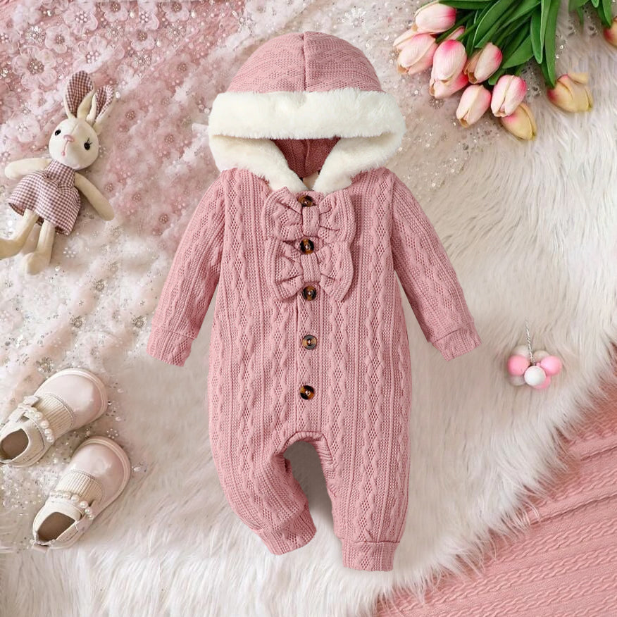 Casual Solid Color Twist Knit Hoodie Baby Jumpsuit