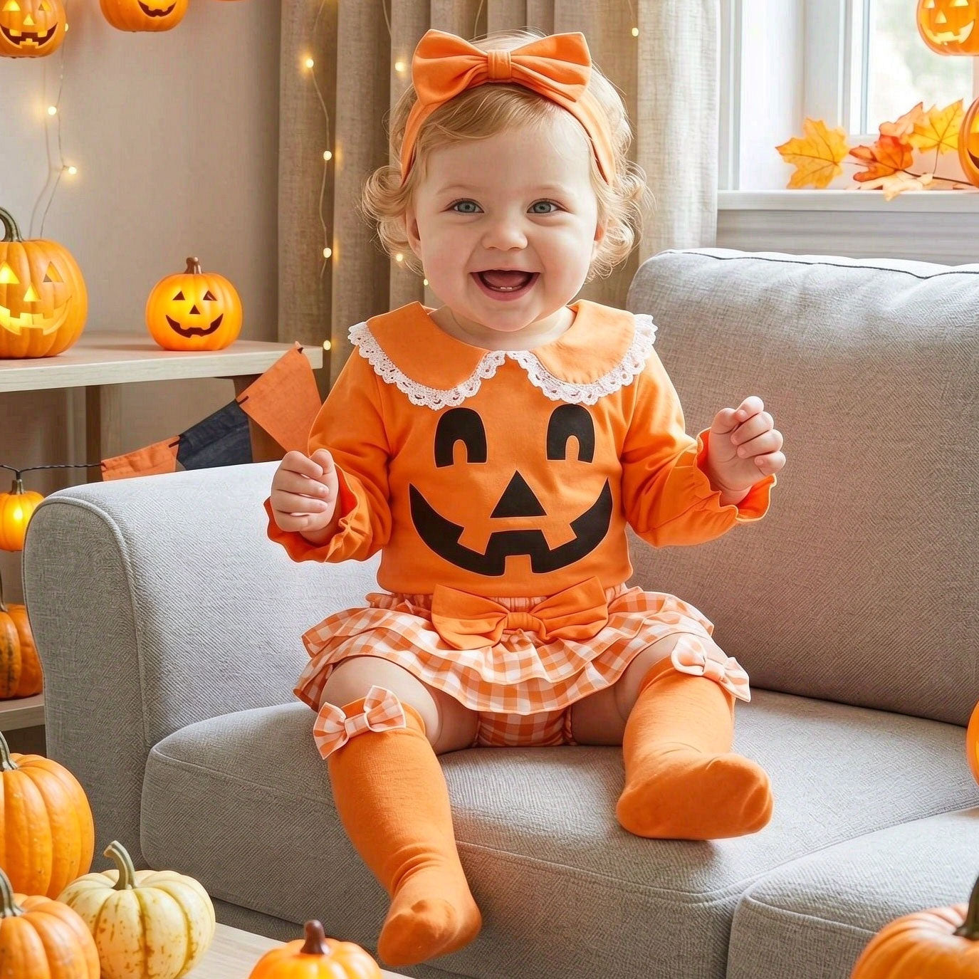 4PCS Lovely Halloween Plaid Printed Long Sleeve Baby Set