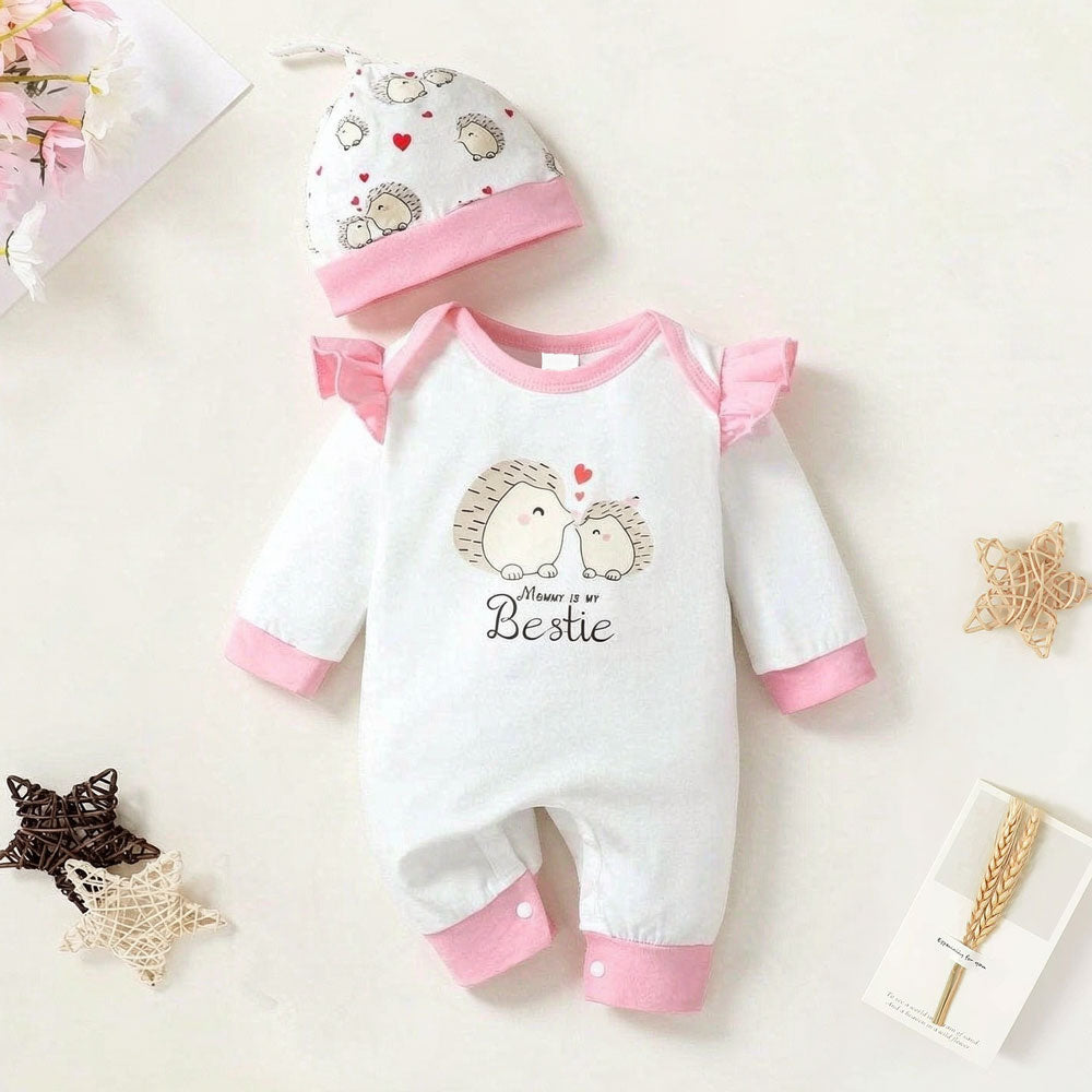 2PCS Mama's Is My Bestie Letter Hedgehog Printed Long Sleeve Baby Jumpsuit