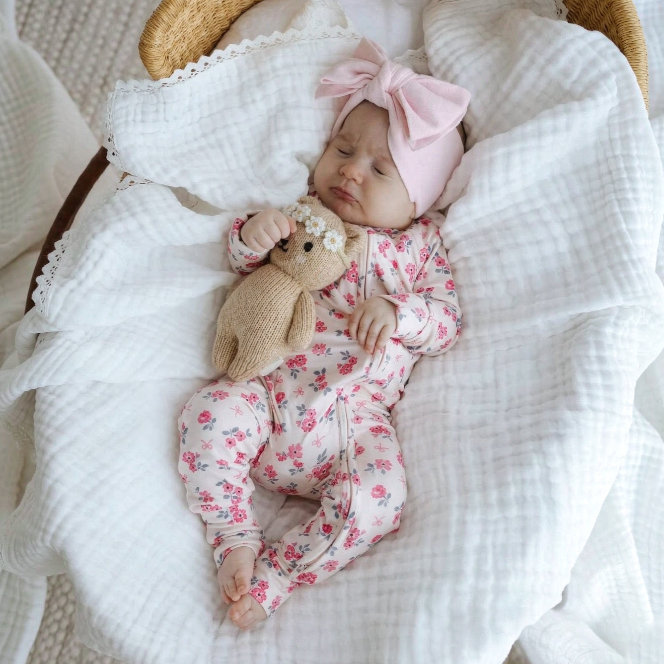 Grace Floral and Bow Print Zipper Long Sleeve Baby Girl Jumpsuit