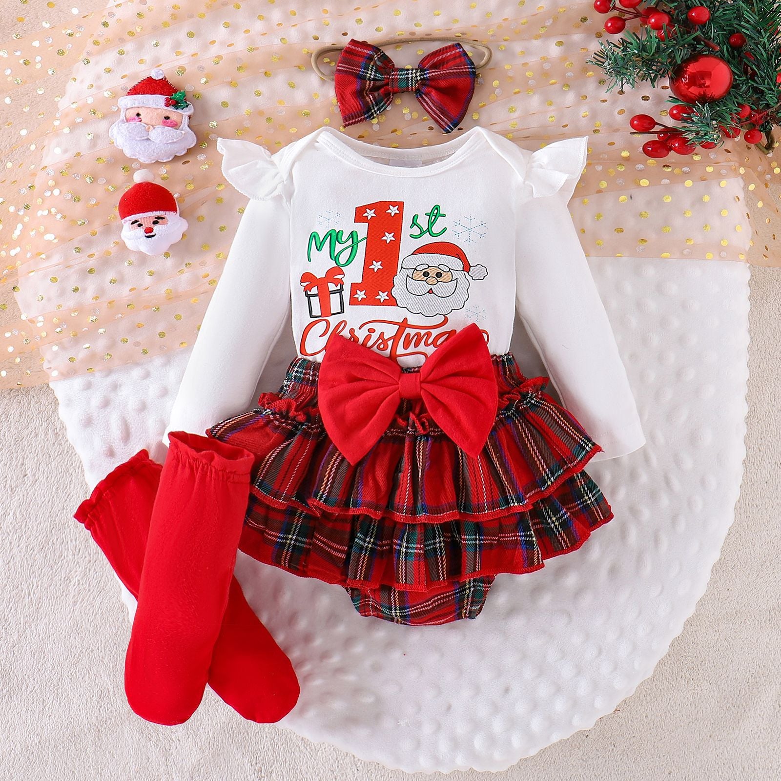 4PCS Lovely My 1st Christmas Letter Plaid Printed Baby Set