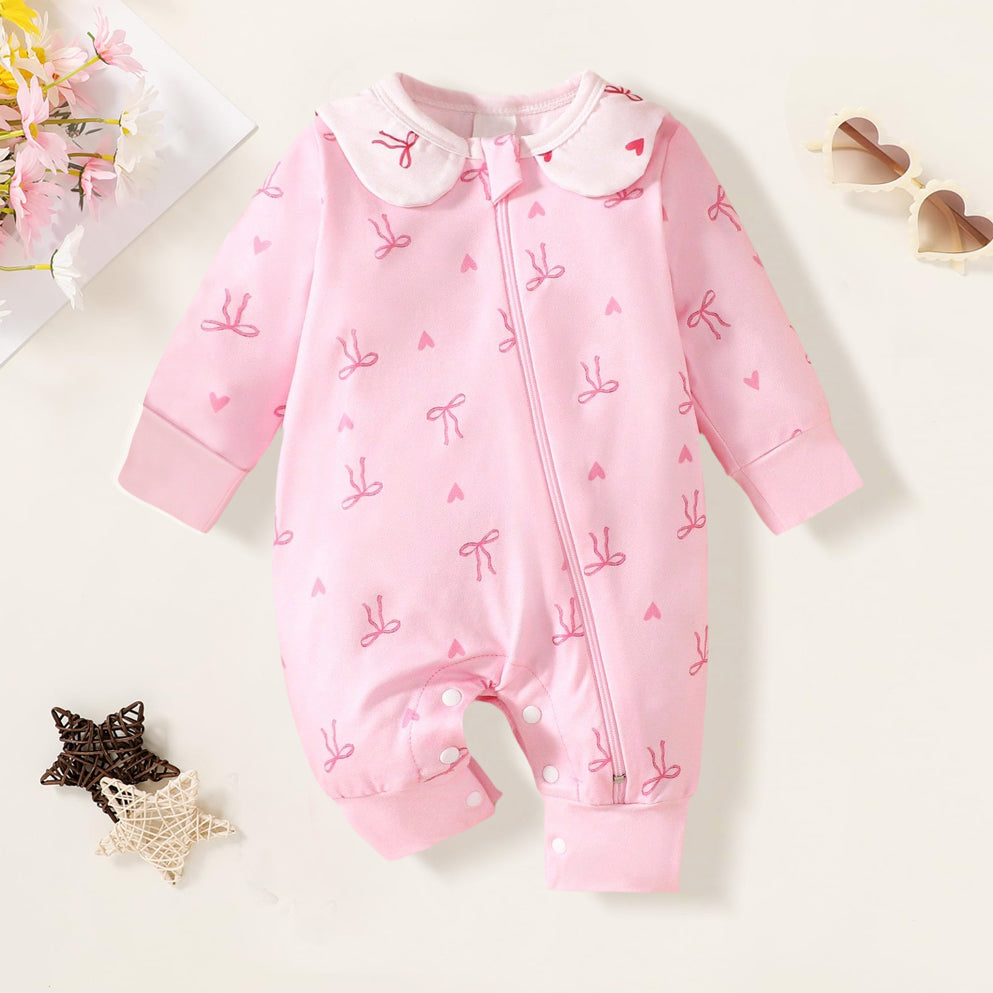 Stylish Bow Printed Long Sleeve Zipper Baby Jumpsuit
