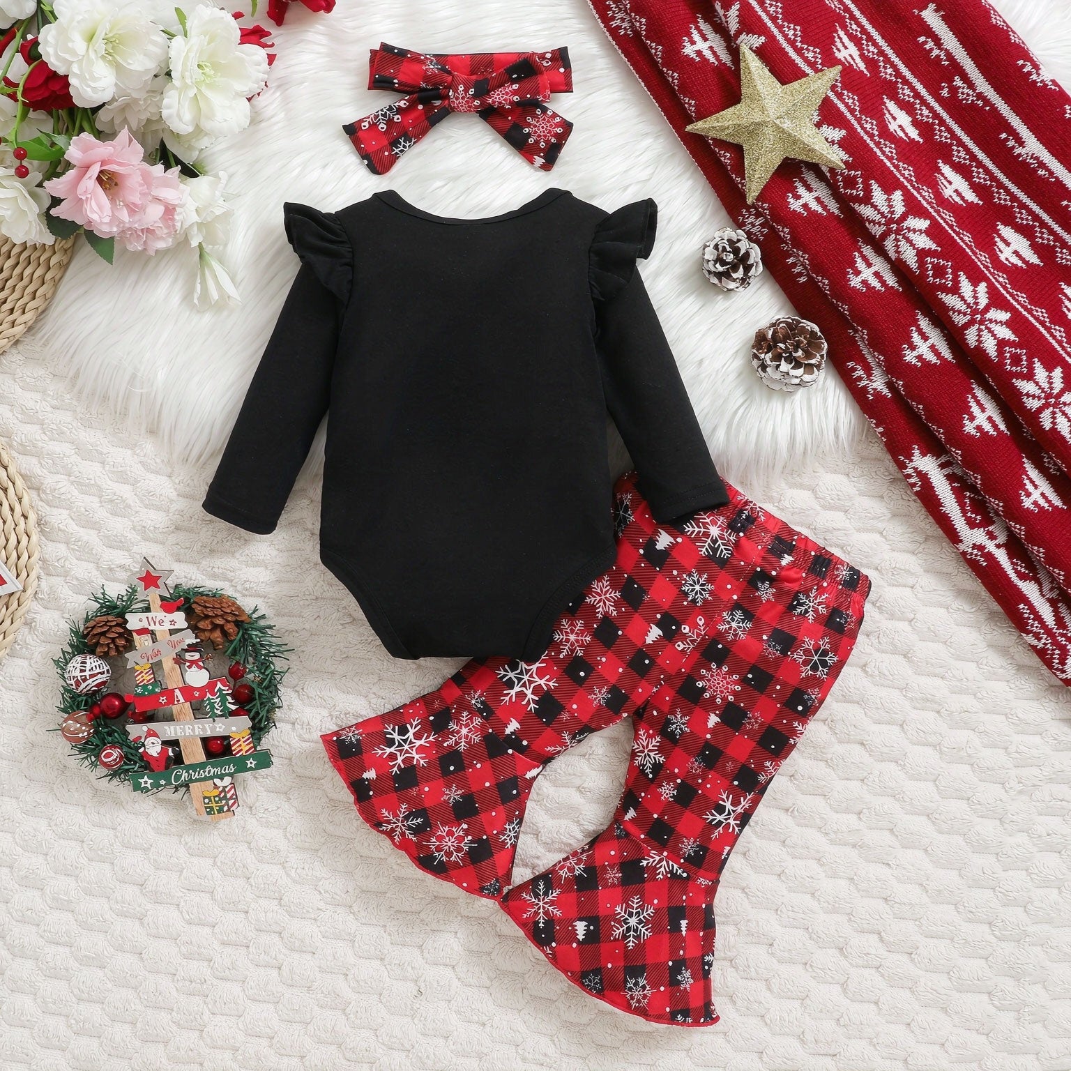 3PCS My 1st Christmas Letter Plaid Print Long Sleeve Baby Set