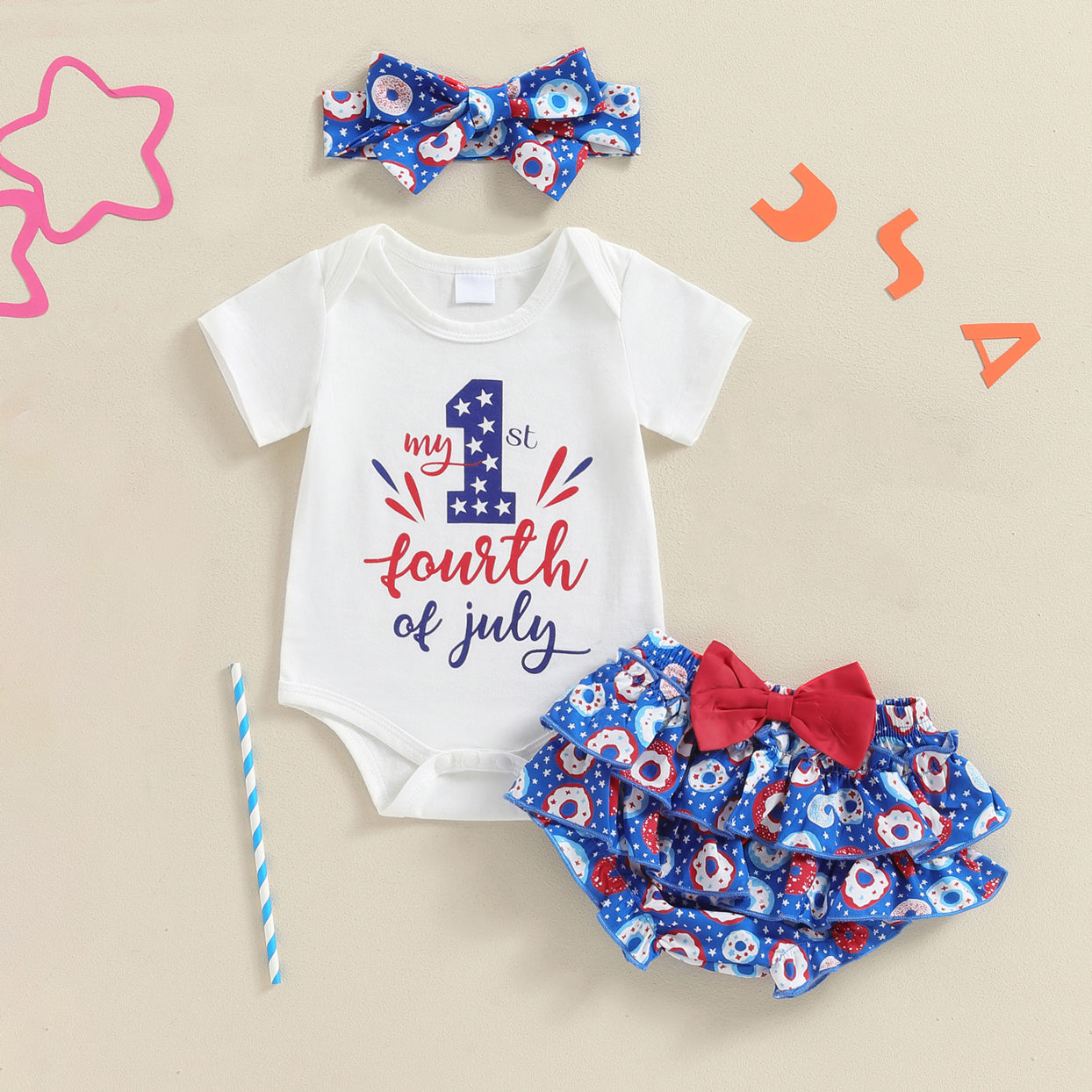 3PCS My 1st Fourth of July Letter Donut Print Baby Set