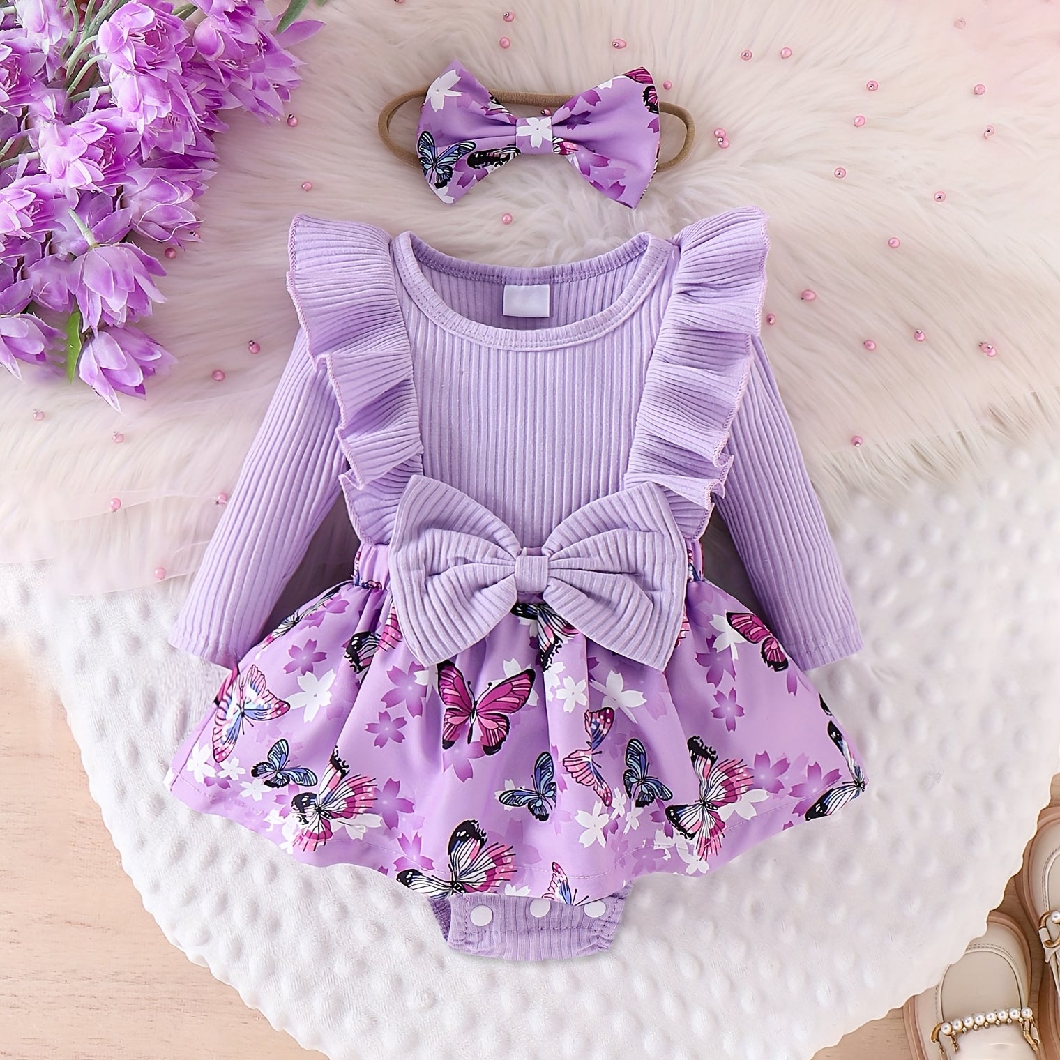 2PCS Cute Butterfly Floral Printed Long Sleeve Baby Romper