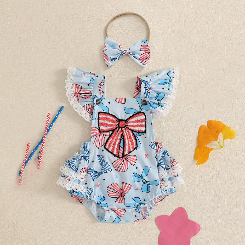 2PCS Cute Bow Printed Independence Day Baby Romper