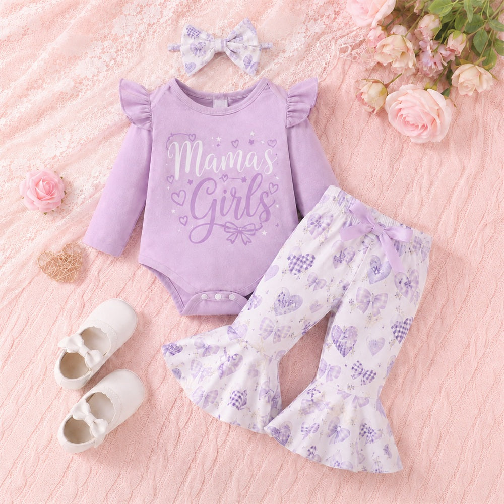 3PCS Mama's Girl Letter Bow Heart Printed Long Sleeve Baby Set