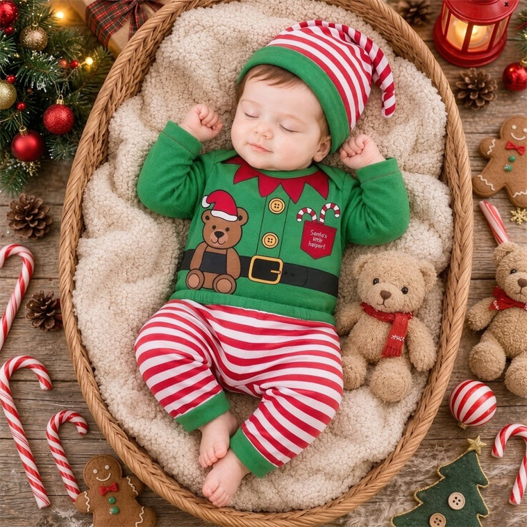 3PCS Christmas Bear Stripe Print Long Sleeve Baby Set