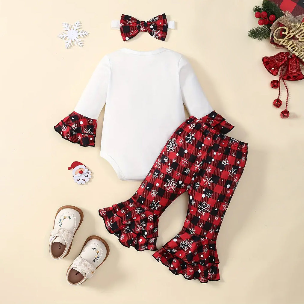 3PCS Santa Baby Letter Snowflake and Plaid Printed Long Sleeve Baby Set