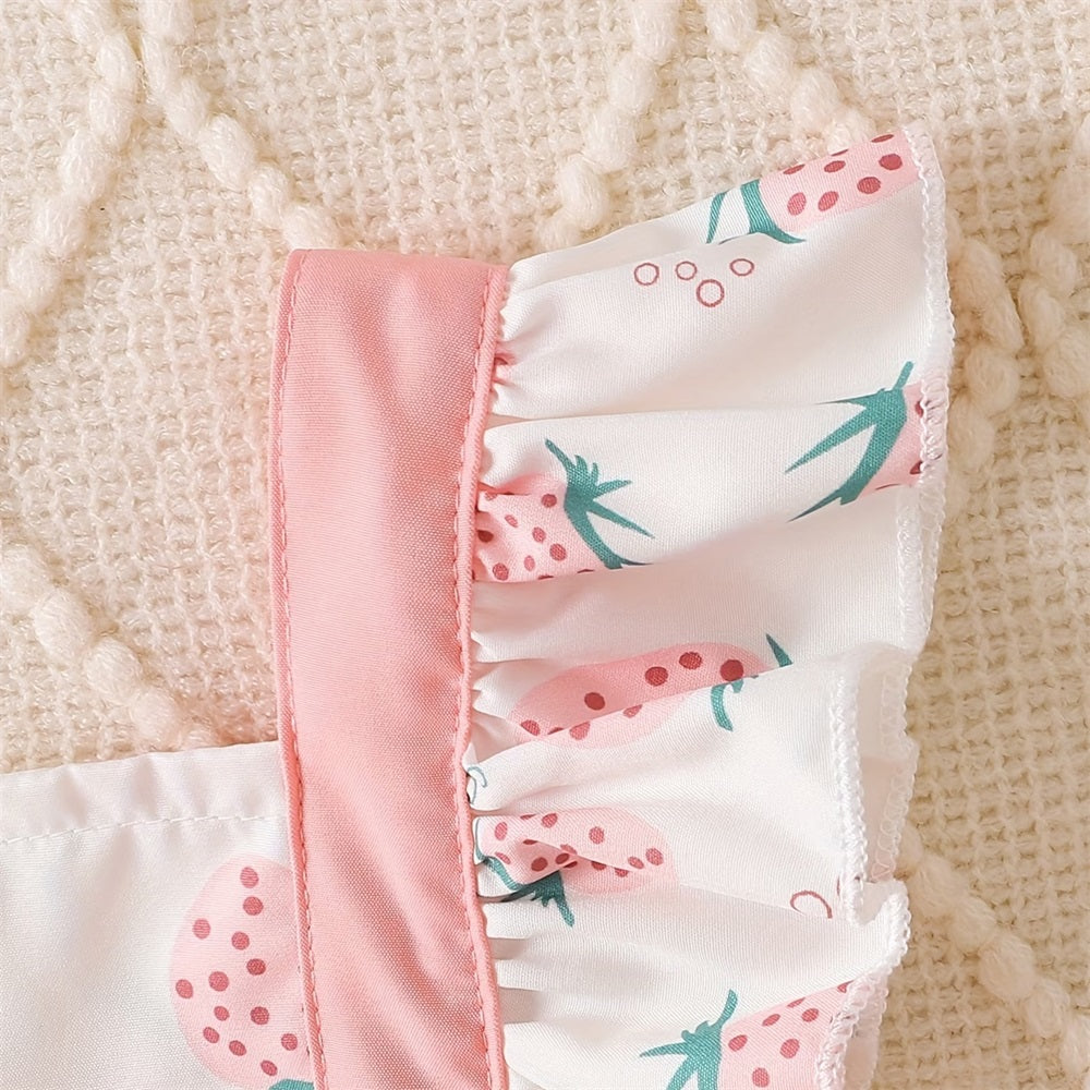 2PCS Sweet Strawberry Printed  Sleeveless Baby Romper