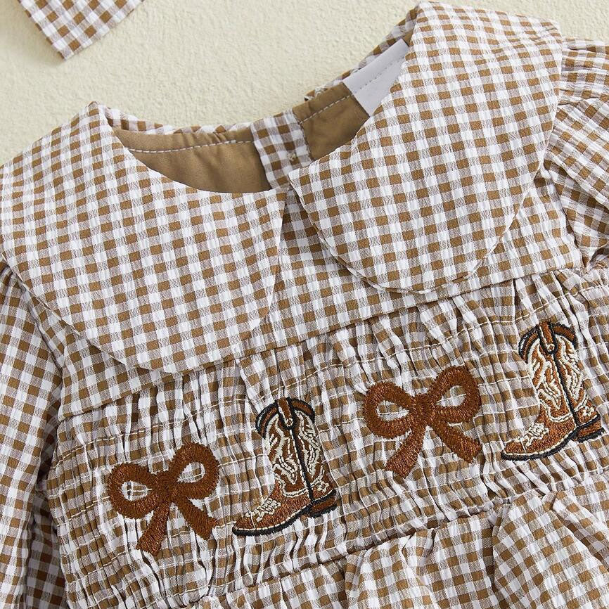 2PCS Lovely Plaid Printed Bow Embroidery Baby Romper