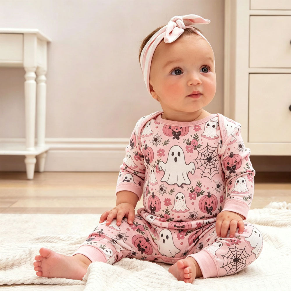 2PCS Halloween Pumpkin Ghost Printed Long Sleeve Zipper Baby Jumpsuit