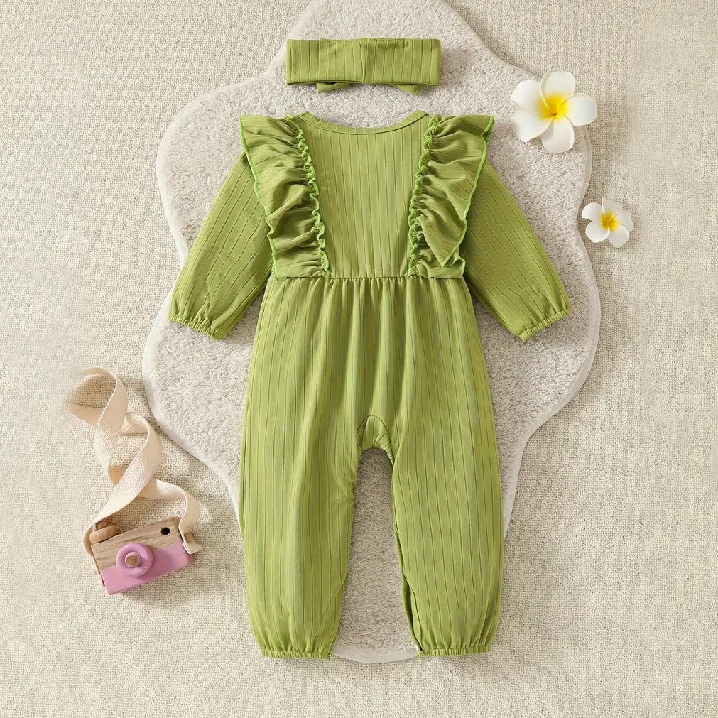 2PCS Stylish Solid Color Bow Decoration Long Sleeve Baby Jumpsuit