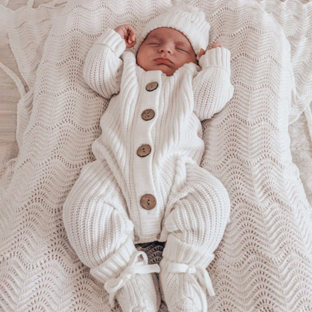 2PCS Solid Color Knitted Long Sleeve Baby Jumpsuit With Hat