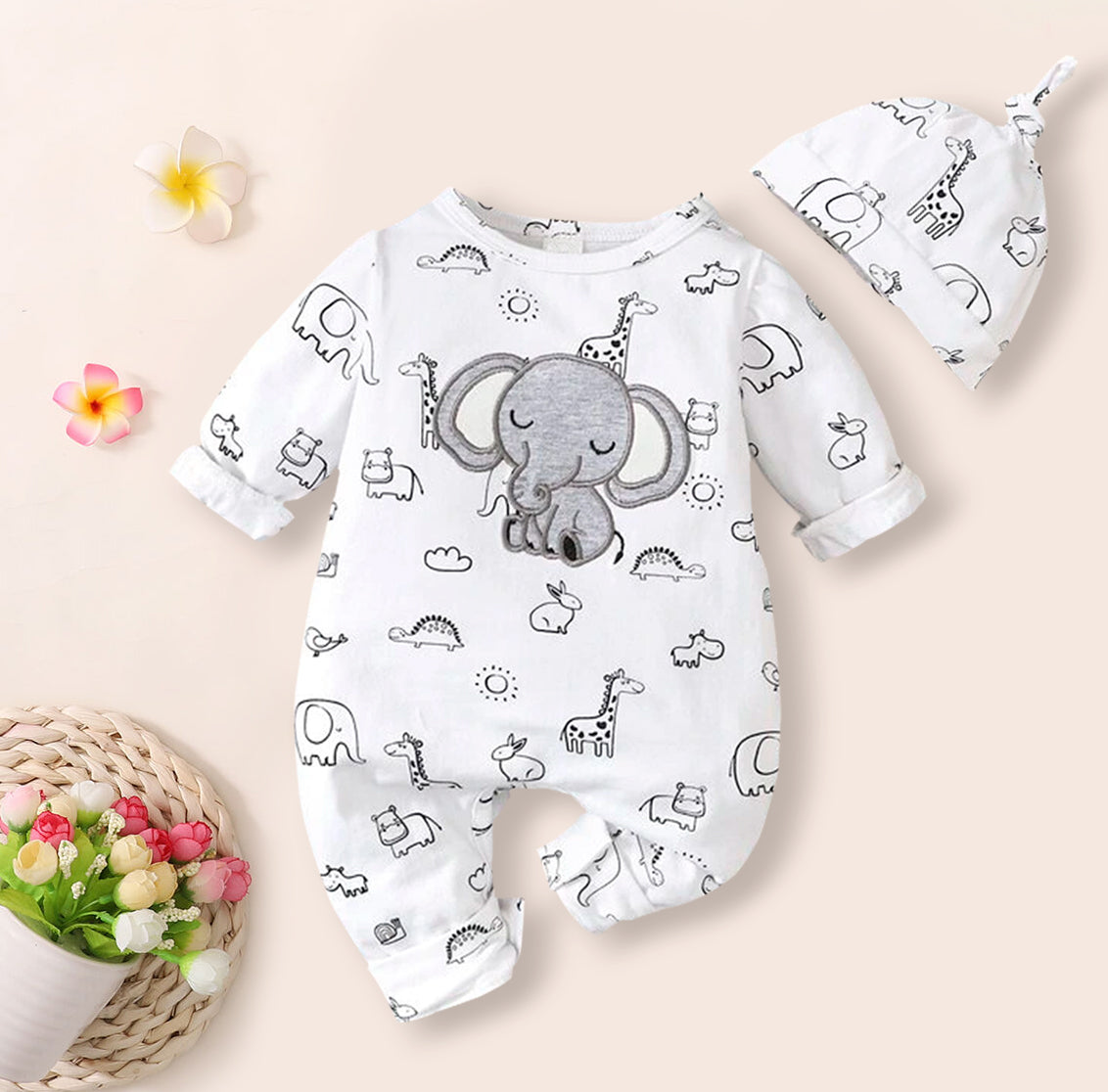 100% Cotton Cartoon Cow Print Gray Long-sleeve Baby Jumpsuit