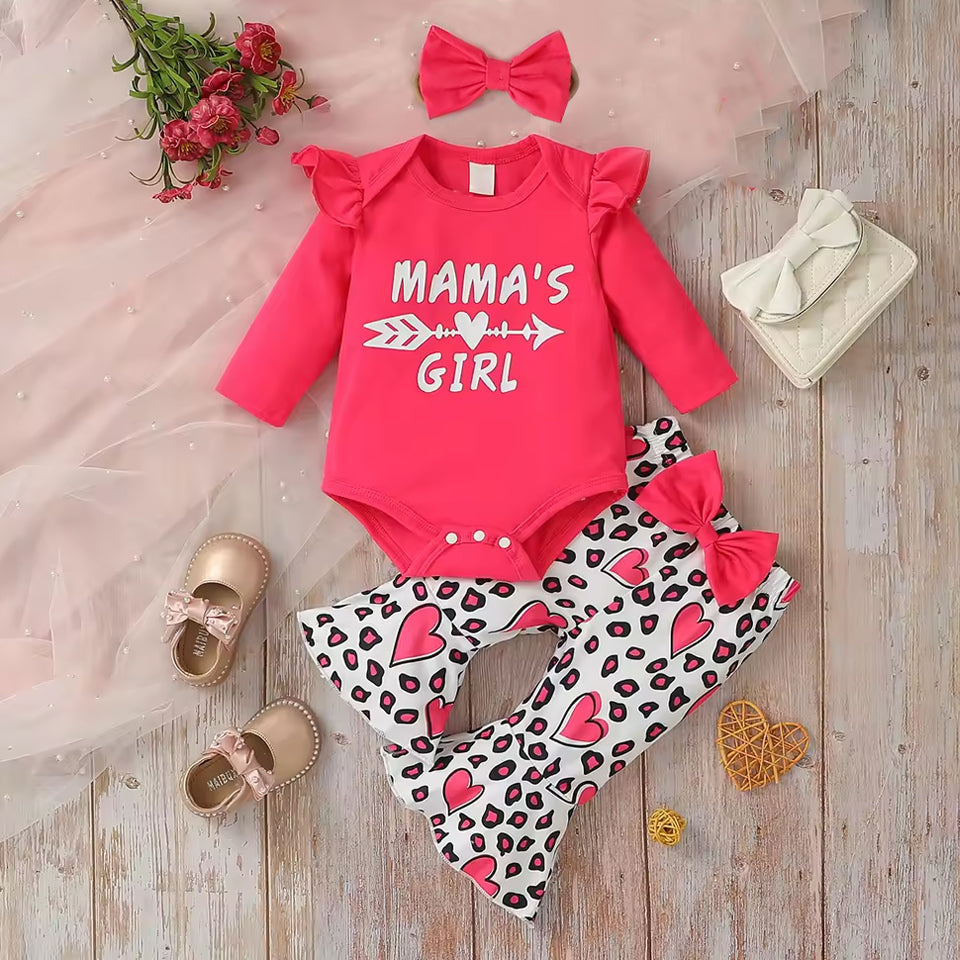 3PCS Mama's Girl Letter Heart Print Leopard Baby Set