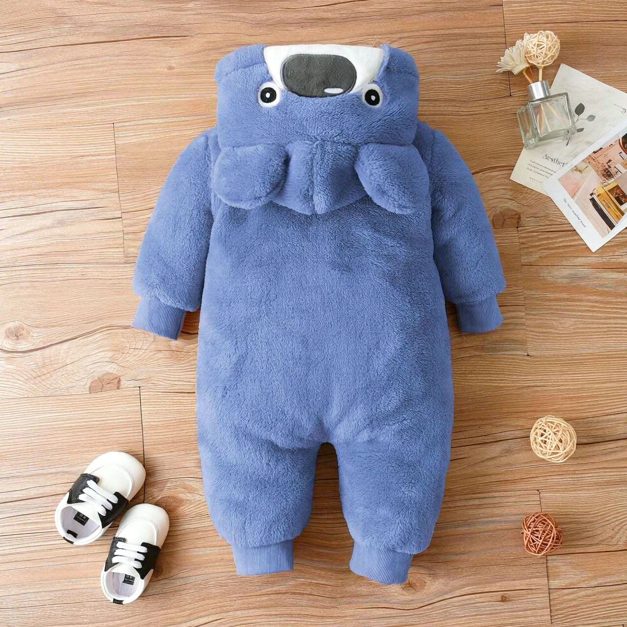Casual Fuzzy 3D Ear Bear Stripe Printed Zipper Baby Jumpsuit