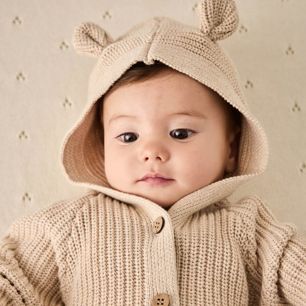 Comfy Solid Color Knitted Long Sleeve Baby Hooded Jumpsuit