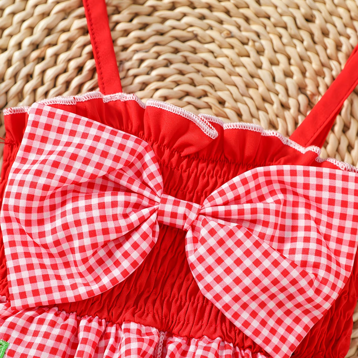 Lovely Plaid Printed Strawberry Embroidery Sleeveless Baby Romper
