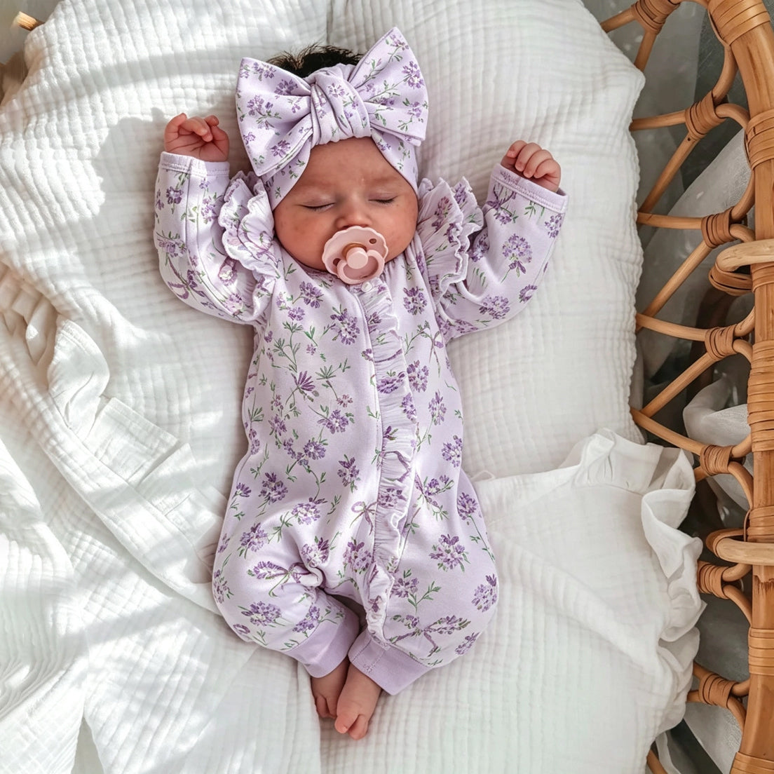 2PCS Romantic Floral Print Ruffle Zipper Long Sleeve Baby Jumpsuit
