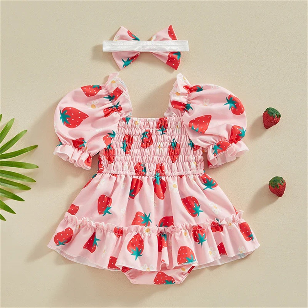 2PCS Stylish Cute Strawberry Print Bubble Sleeve Baby Romper