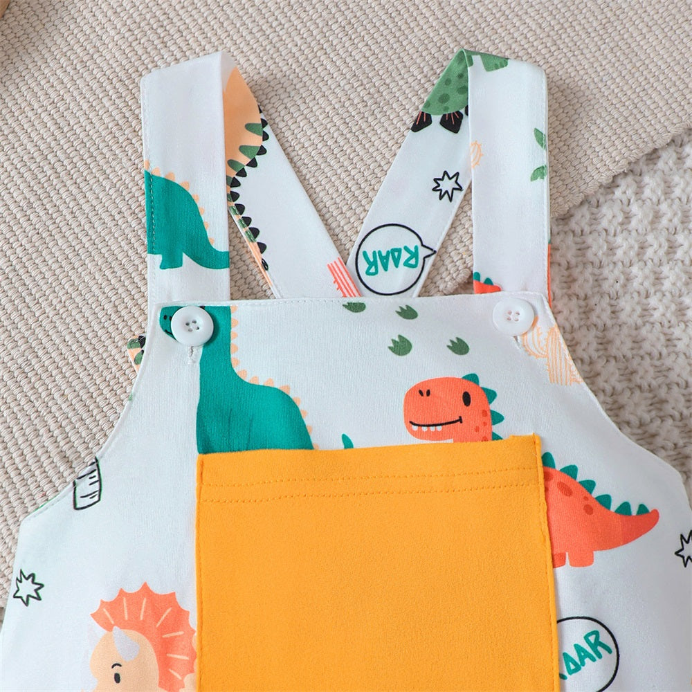 3PCS Casual Dinosaur Print Long Sleeve Baby Overalls Set