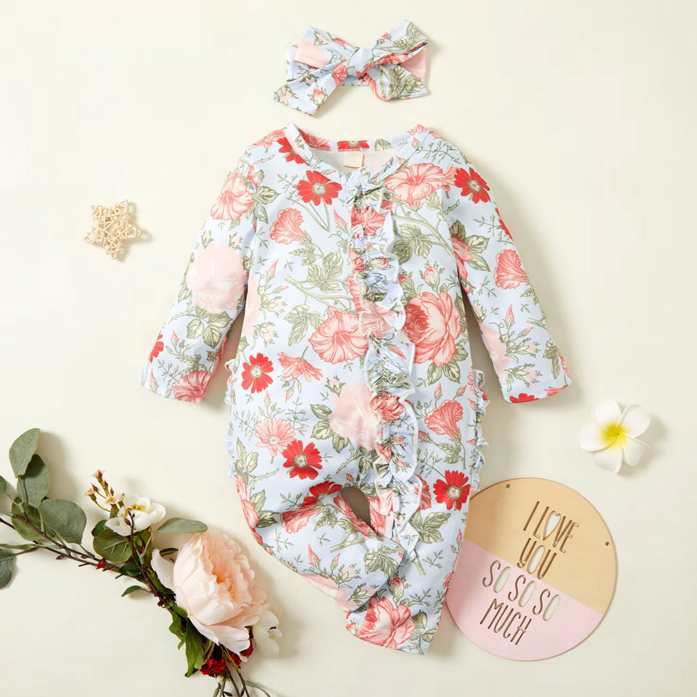 2PCS Elegant Floral Printed Ruffle Zipper Baby Girl Jumpsuit