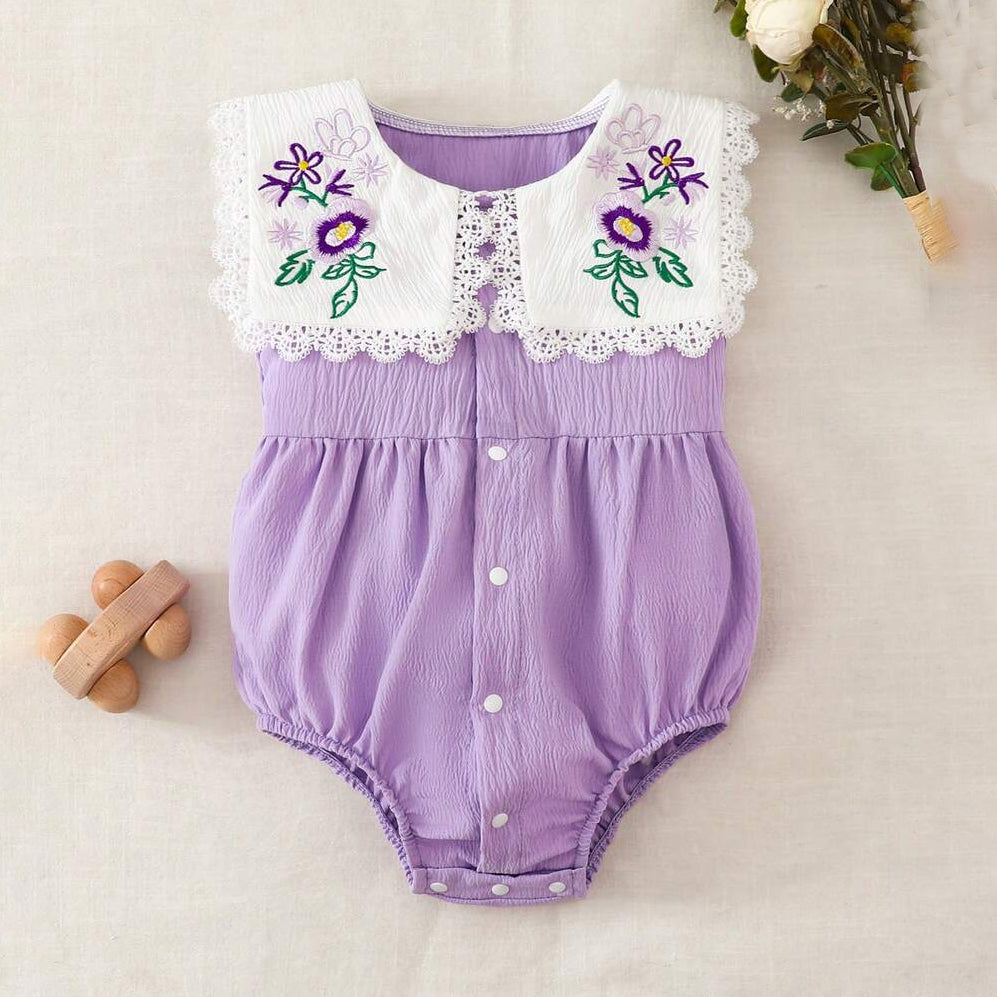 Sweet Floral Embroidery Ruffle Lace Sleeveless Baby Romper
