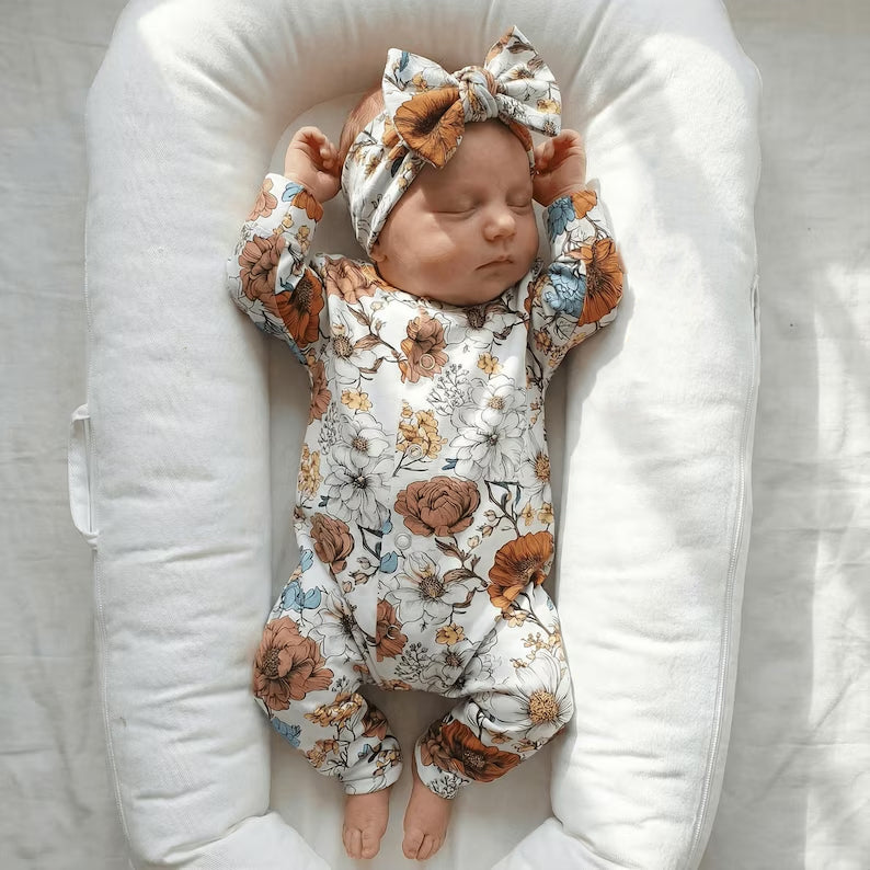 2PCS Comfy Floral Printed Long Sleeve Baby Jumpsuit