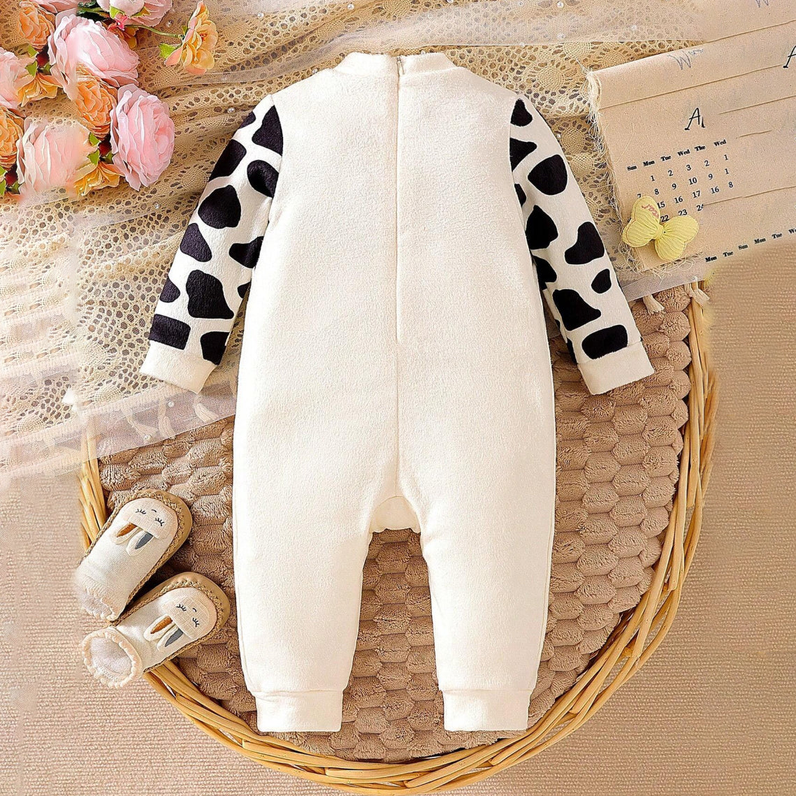 Fuzzy Cow Printed Long Sleeve Baby Jumpsuit