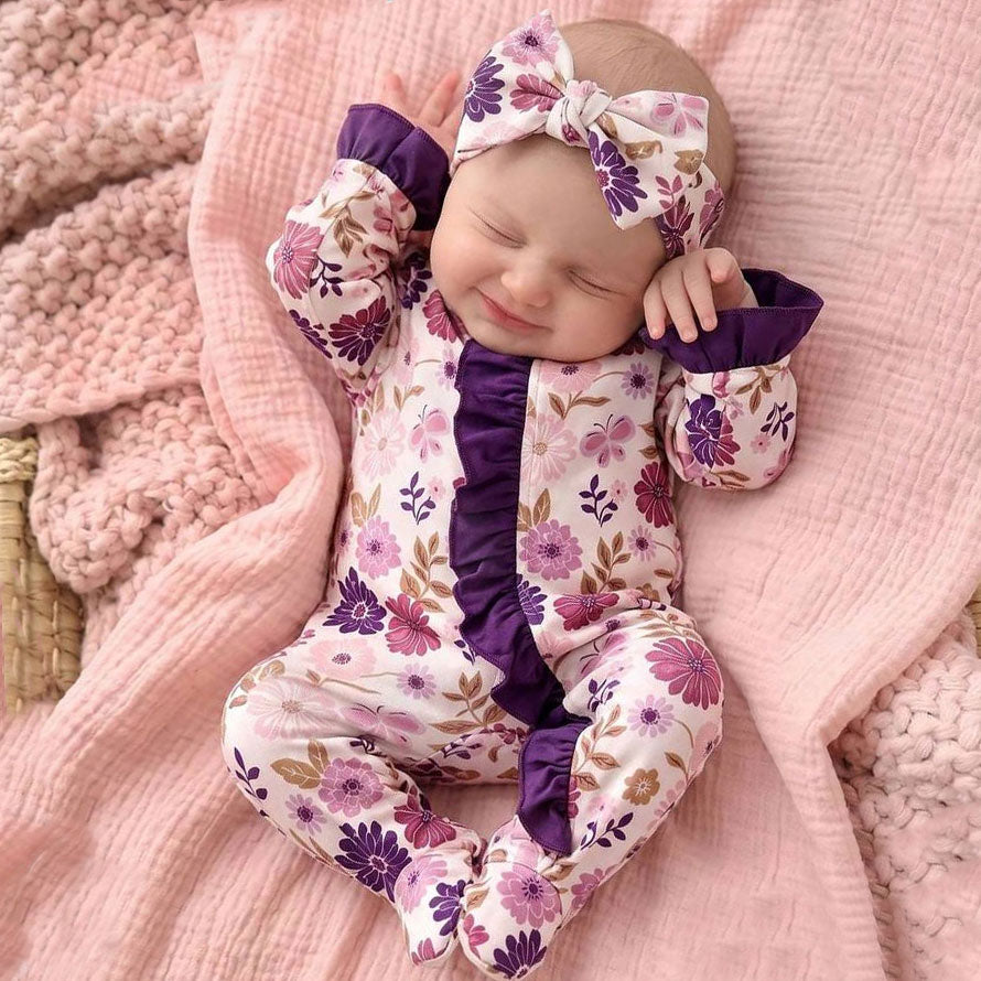 2PCS Chic Floral Printed Ruffle Zipper Long Sleeve Baby Jumpsuit