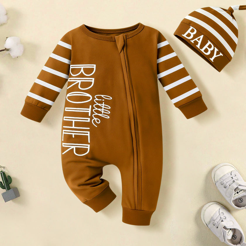 2PCS Little Brother Letter Print Long Sleeve Baby Jumpsuit